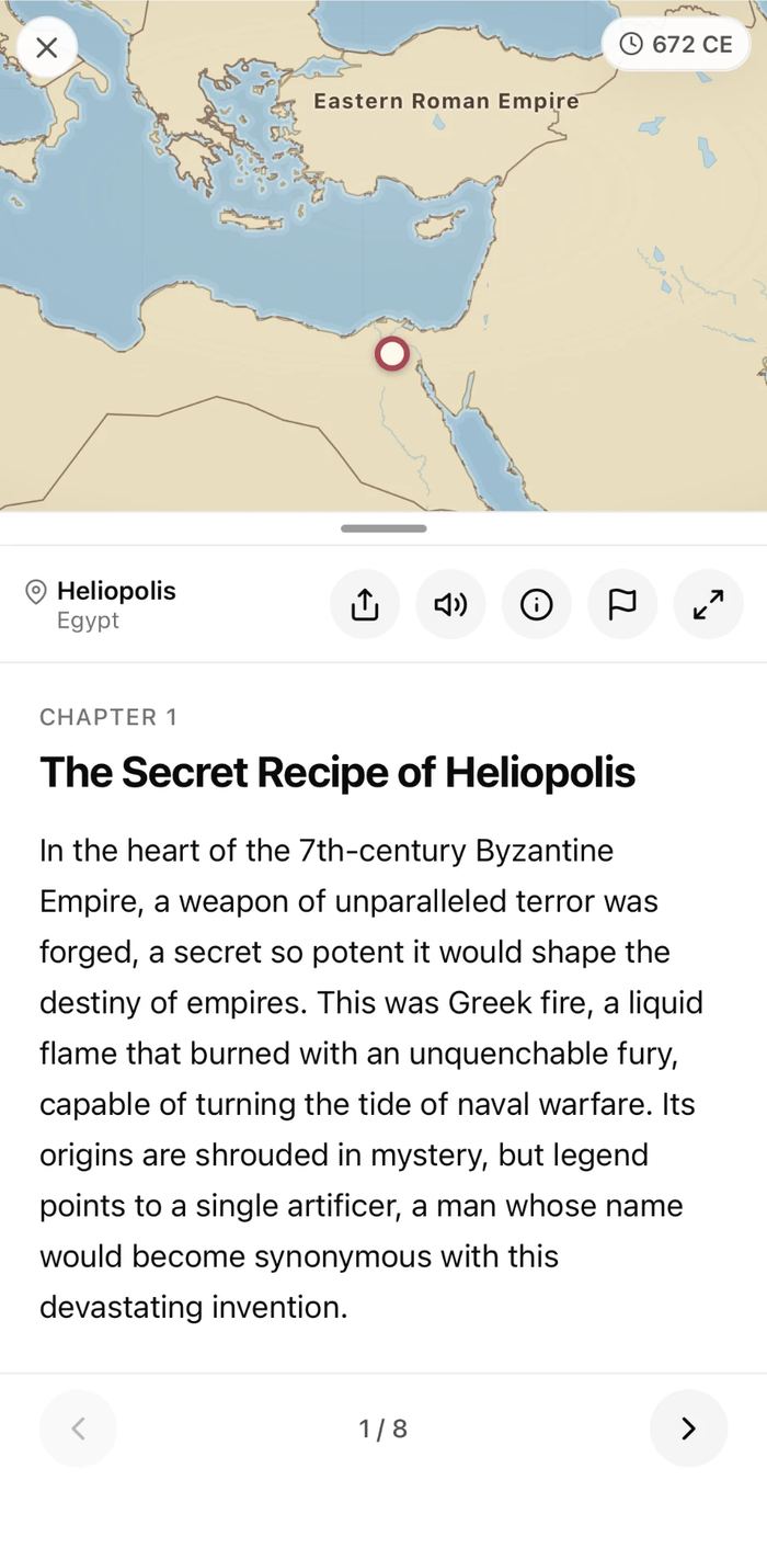 The Cartalore reader: the eastern Mediterranean drawn at 672 CE and labelled Eastern Roman Empire, with Heliopolis marked, above a toolbar naming the place, Heliopolis, Egypt, and chapter one of eight, The Secret Recipe of Heliopolis, from a story about Greek fire.